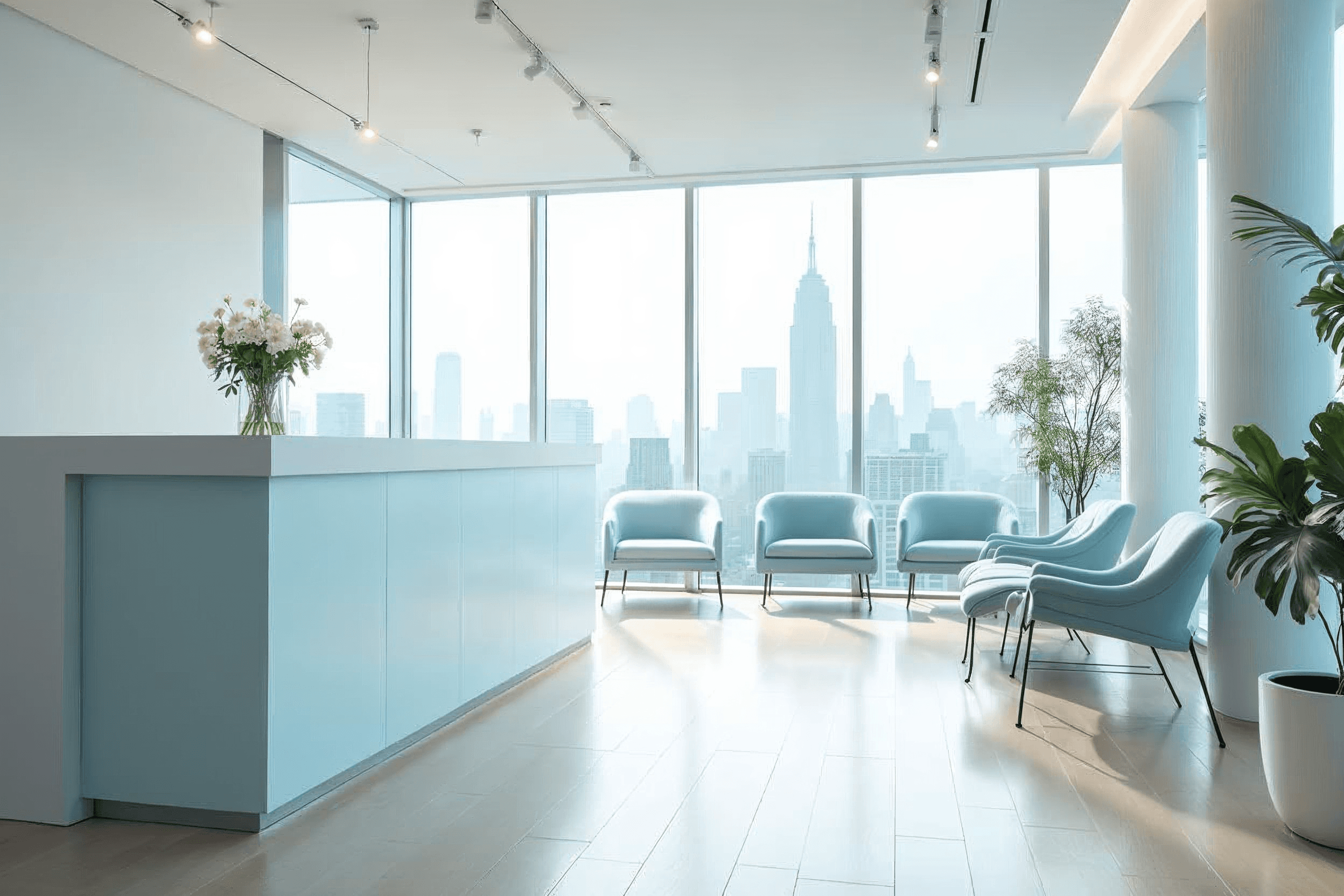 The bright, modern reception lounge at ToothDocs New York
